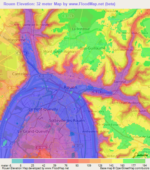 Rouen,France Elevation Map