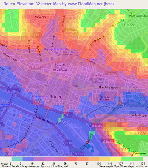 Rouen,France Elevation Map