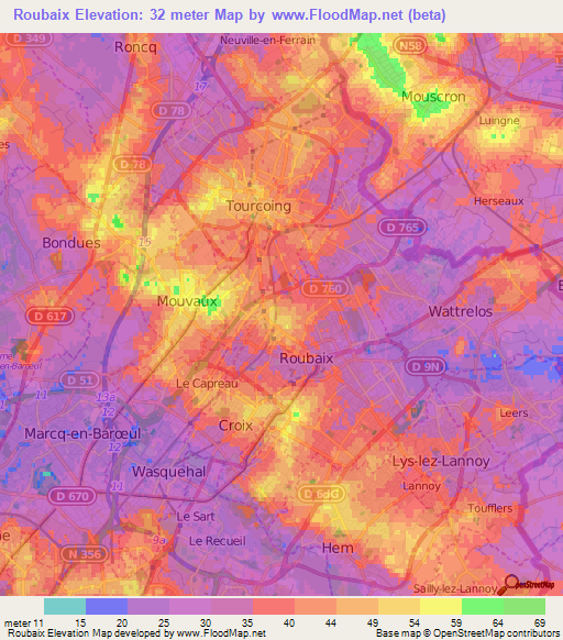 Roubaix,France Elevation Map