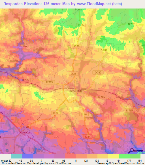 Rosporden,France Elevation Map