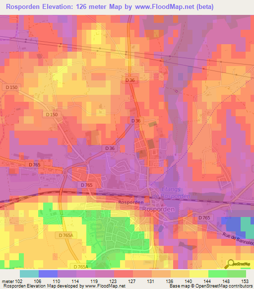 Rosporden,France Elevation Map