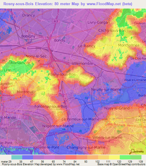 Rosny-sous-Bois,France Elevation Map