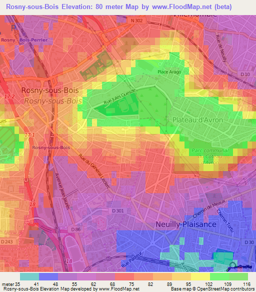 Rosny-sous-Bois,France Elevation Map