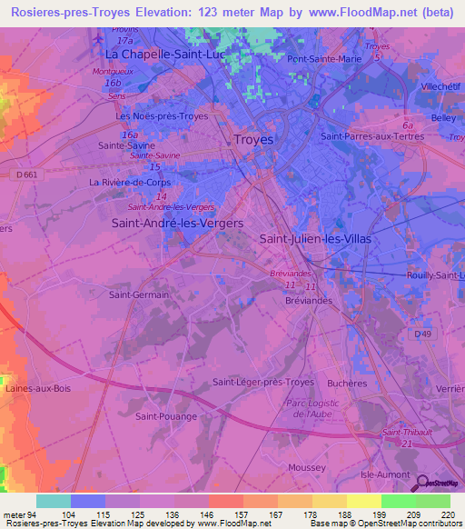 Rosieres-pres-Troyes,France Elevation Map