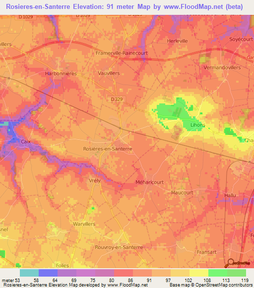 Rosieres-en-Santerre,France Elevation Map