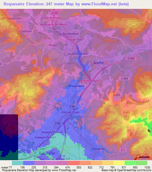 Roquevaire,France Elevation Map