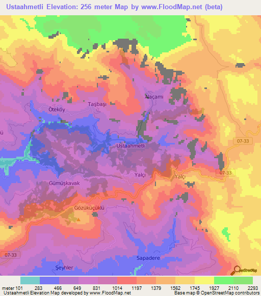 Ustaahmetli,Turkey Elevation Map