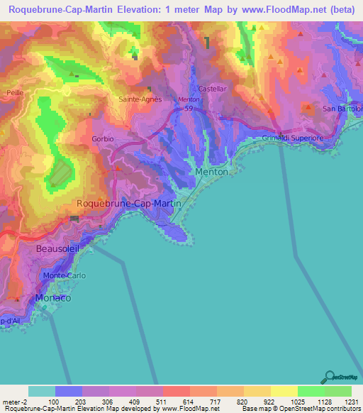 Roquebrune-Cap-Martin,France Elevation Map