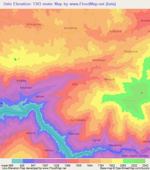 Uslu,Turkey Elevation Map