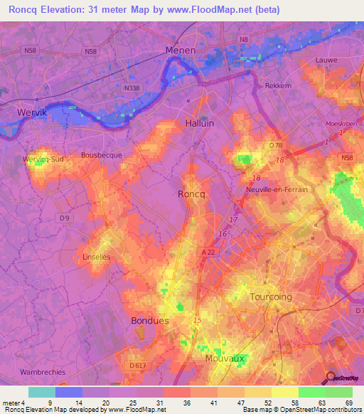 Roncq,France Elevation Map