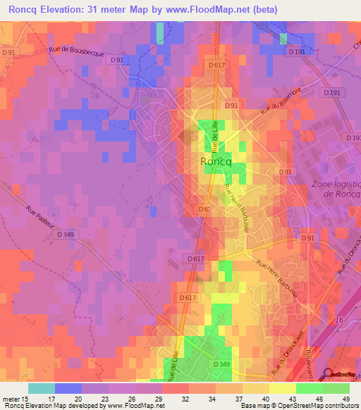 Roncq,France Elevation Map