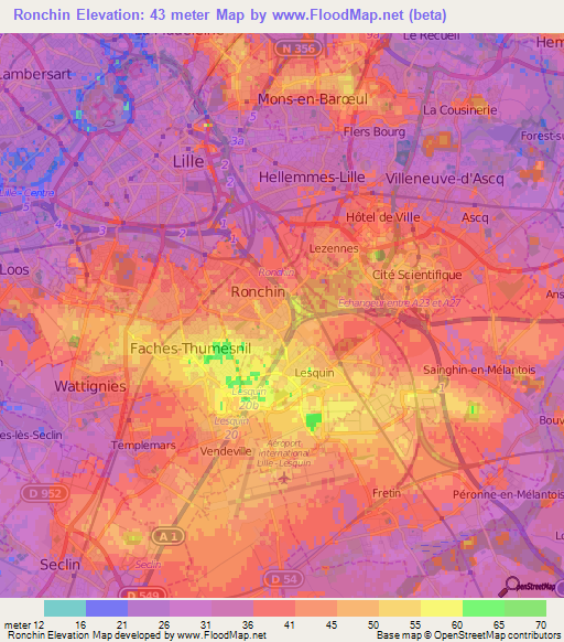 Ronchin,France Elevation Map