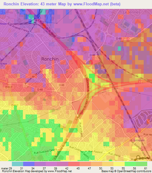 Ronchin,France Elevation Map