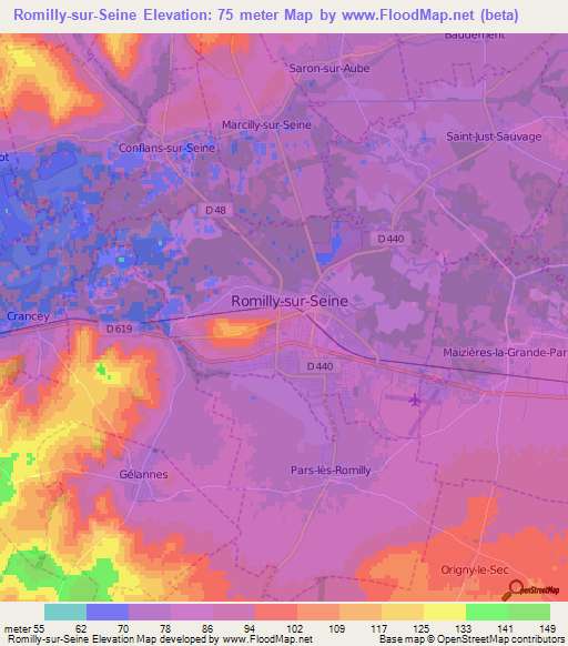 Romilly-sur-Seine,France Elevation Map