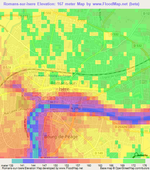 Romans-sur-Isere,France Elevation Map