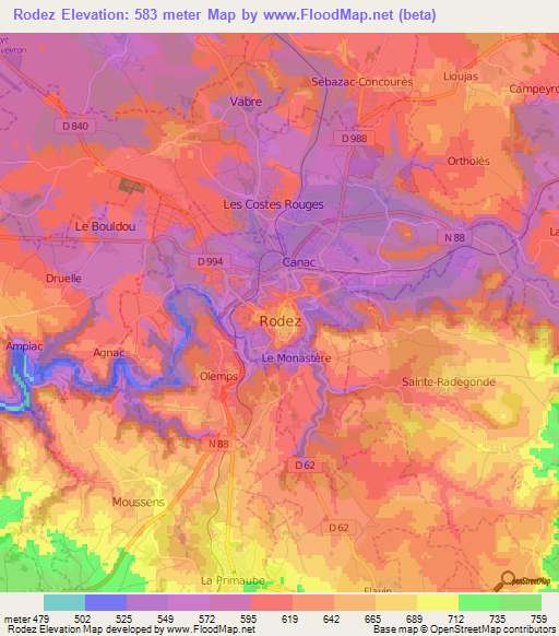 Rodez,France Elevation Map