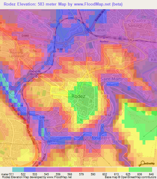 Rodez,France Elevation Map