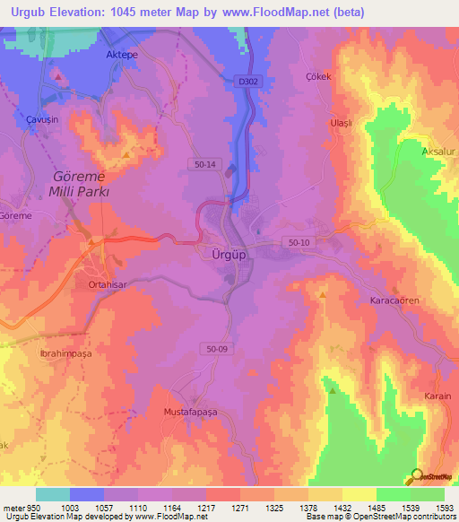 Urgub,Turkey Elevation Map