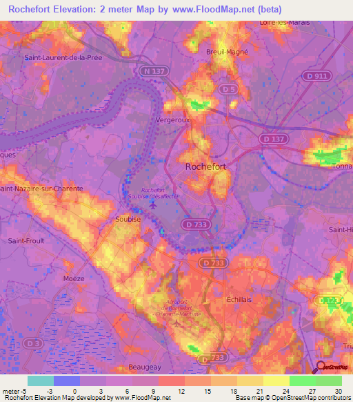 Rochefort,France Elevation Map