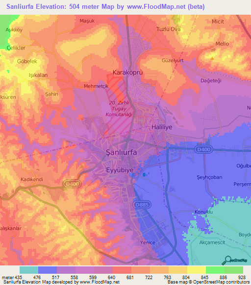 Sanliurfa,Turkey Elevation Map