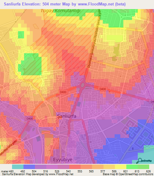 Sanliurfa,Turkey Elevation Map