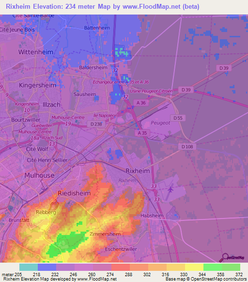 Rixheim,France Elevation Map