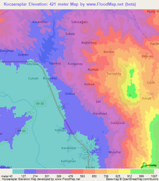 Kocaaraplar,Turkey Elevation Map