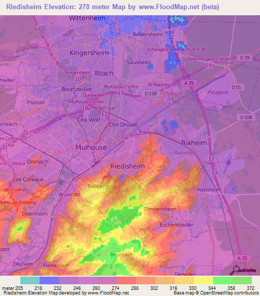 Riedisheim,France Elevation Map
