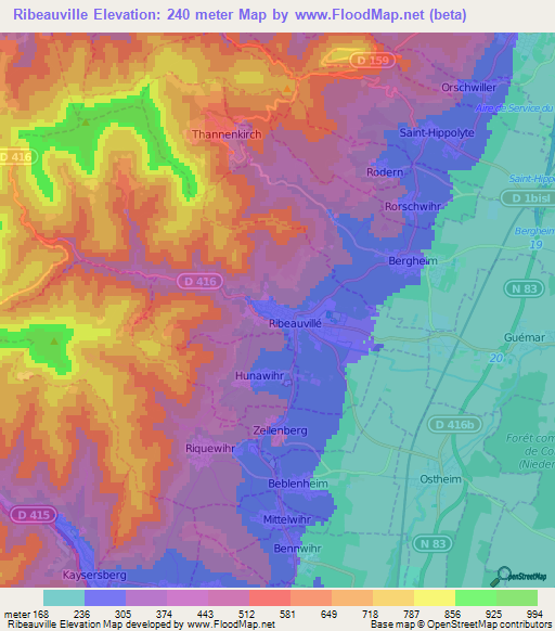 Ribeauville,France Elevation Map