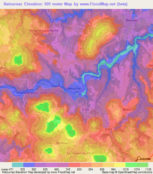 Retournac,France Elevation Map