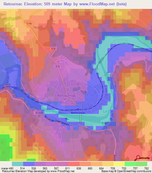 Retournac,France Elevation Map