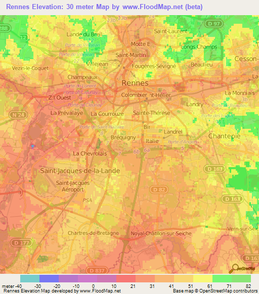 Rennes,France Elevation Map