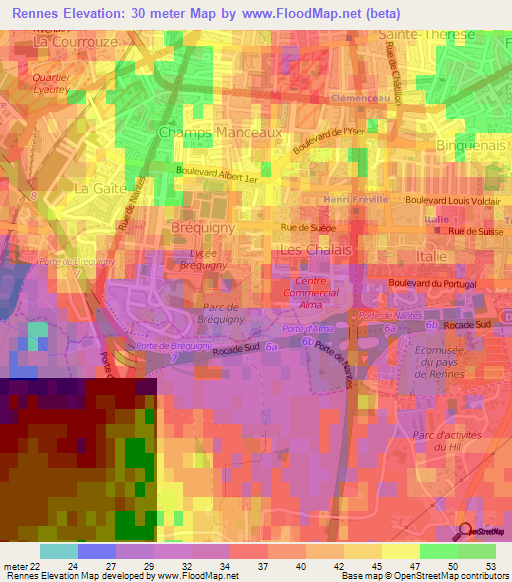 Rennes,France Elevation Map