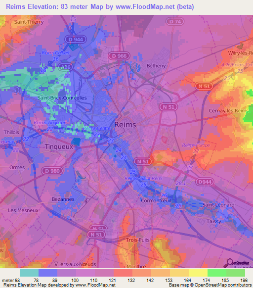 Reims,France Elevation Map