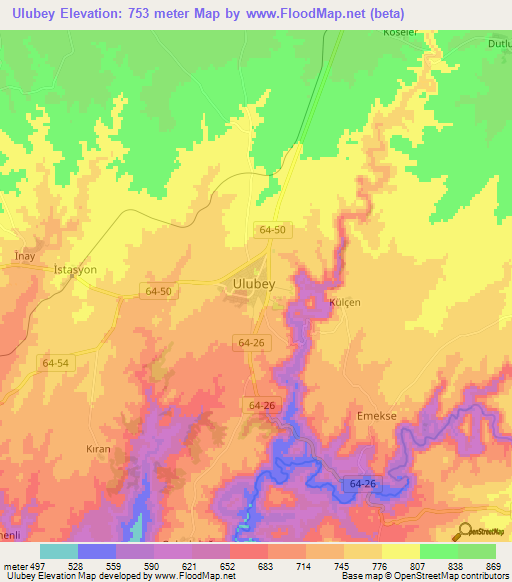 Ulubey,Turkey Elevation Map