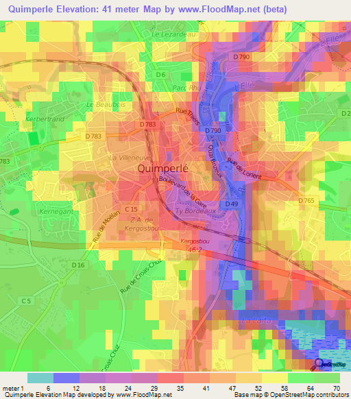 Quimperle,France Elevation Map