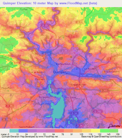 Quimper,France Elevation Map