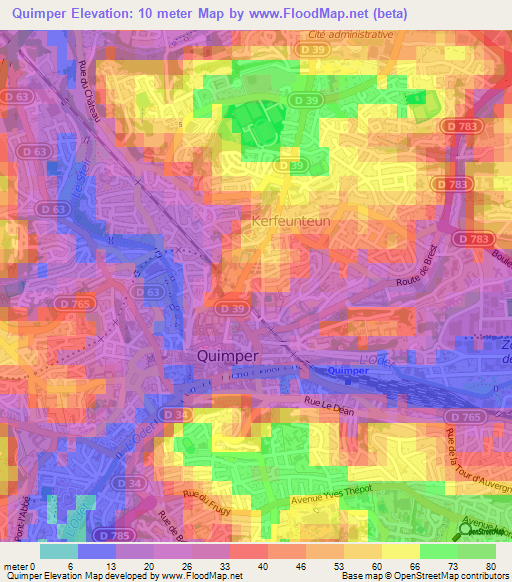 Quimper,France Elevation Map