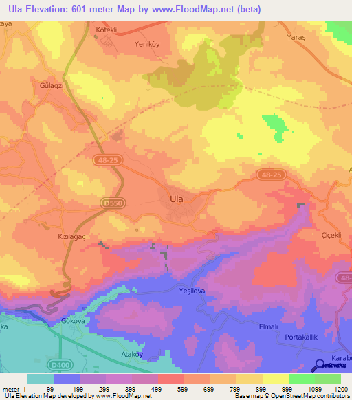 Ula,Turkey Elevation Map