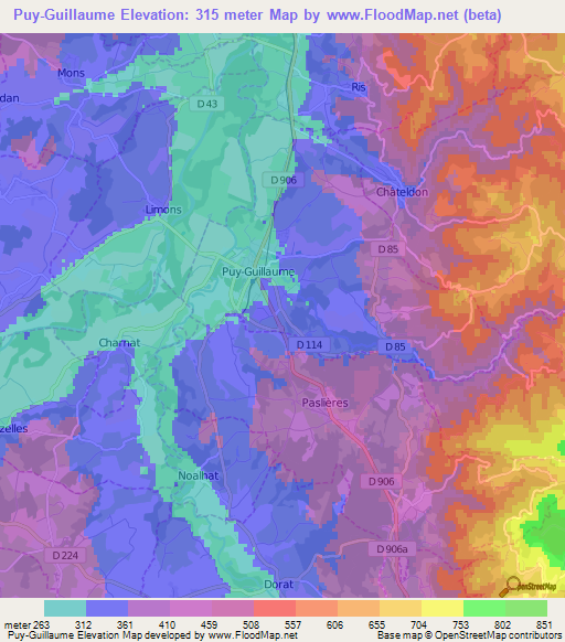 Puy-Guillaume,France Elevation Map