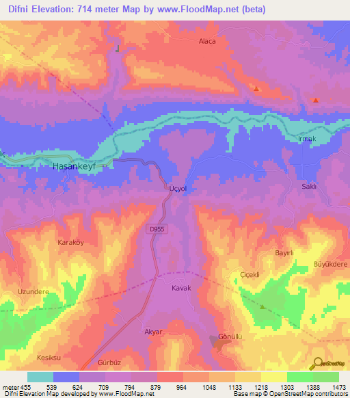 Difni,Turkey Elevation Map