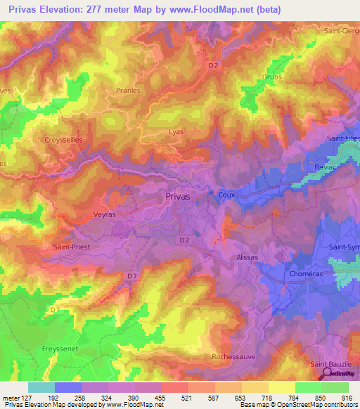 Privas,France Elevation Map