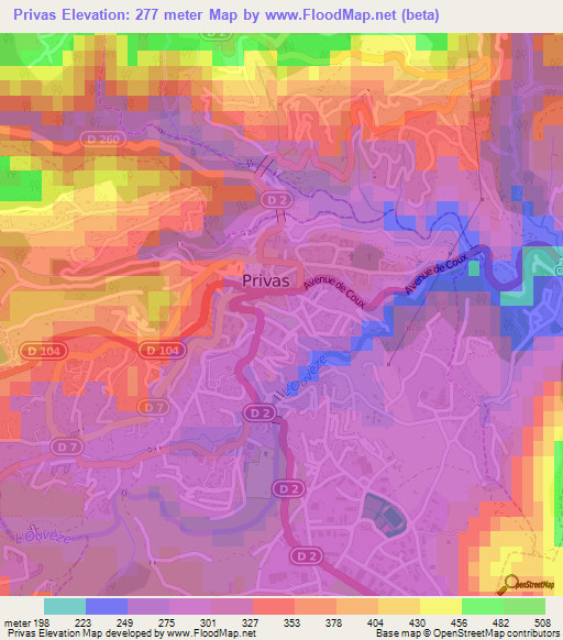 Privas,France Elevation Map