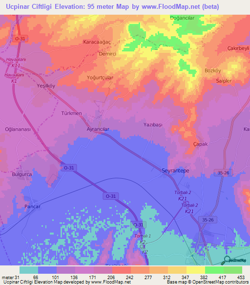 Ucpinar Ciftligi,Turkey Elevation Map