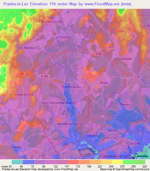 Prades-le-Lez,France Elevation Map