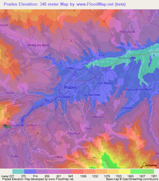 Prades,France Elevation Map