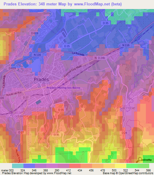 Prades,France Elevation Map