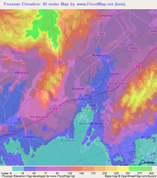 Poussan,France Elevation Map