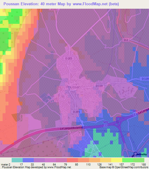 Poussan,France Elevation Map
