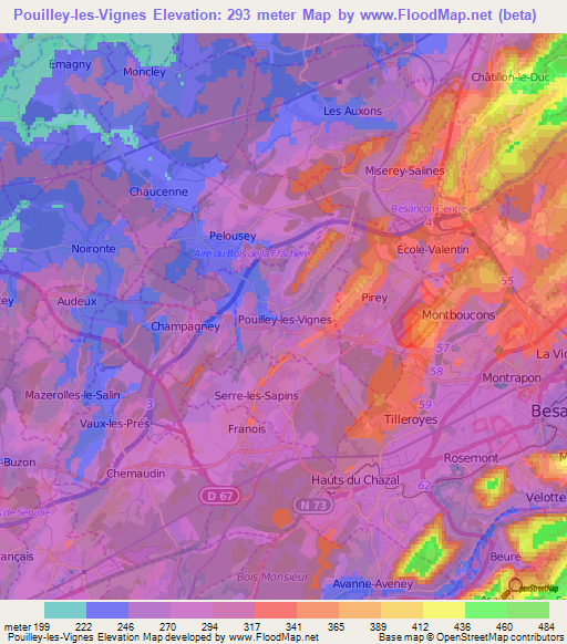 Pouilley-les-Vignes,France Elevation Map